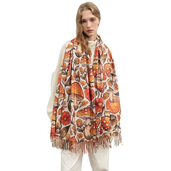Women\'s Fall Mushroom Flower Fringed Shawl Scarf Winter Cashmere Feel 2534